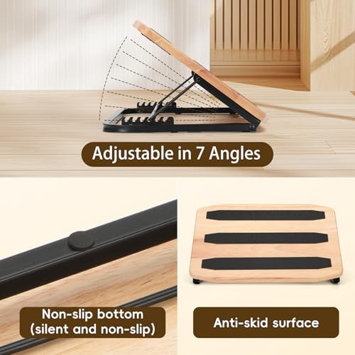 Wood Footrest Adjustable Ergonomic Foot Rest- Under Desk 7 Adjustable Angles Wood Under Desk Footrest, Foot Rest for Office Home - Natural-with Gray Silicone Cushions