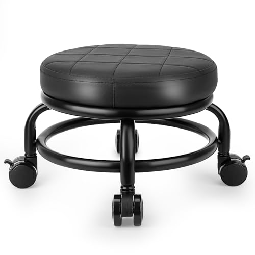 Low Height Rolling Stool with PU Leather Cushion – 9.5in Seat, 250lbs, 360° Castors