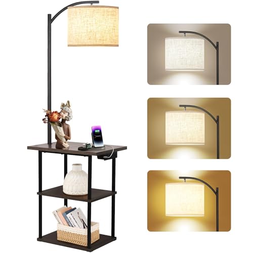 PESRAE Rustic Brown Floor Lamp with 3-Tier Side Table & Charging Station