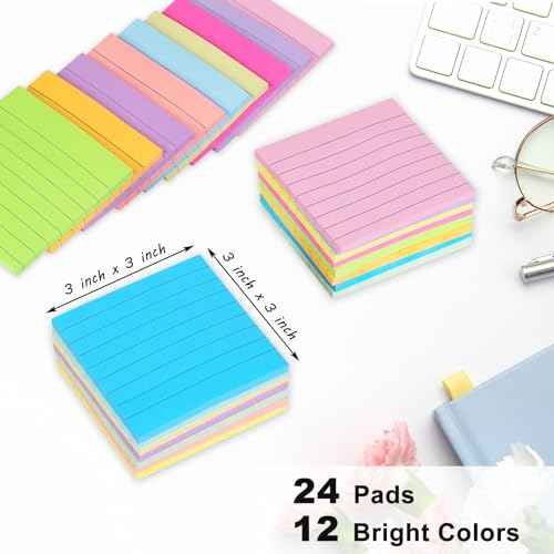 (24 Pack) Lined Sticky Notes 3x3 in Ruled Stickies Super Sticking Power Memo Pads,12 Bright Multi Colors Sticky Notes with Lines Self-Stick Note Pads