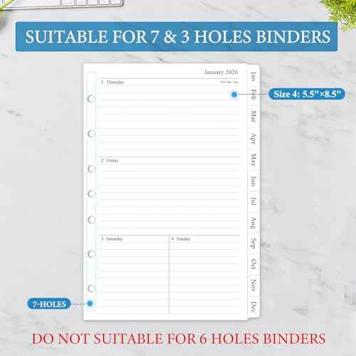 2026 Weekly & Monthly Planner Refill, A5 Medium Planner Inserts with Monthly Tabs, Size 4, 5.5"x8.5", Jan. 2026 - Dec. 2026, 7-Hole Punched