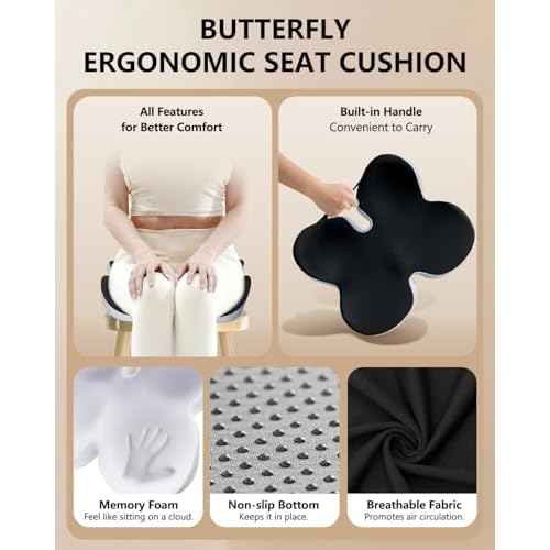 Seat Cushion for Office Chair,Butterfly Memory Foam Seat Cushion for Office,Dask,Car,Wheelchair, Tailbone Pain Relief Cushion for Long Sitting - Back, Sciatica, Coccyx,Hemorrhoids