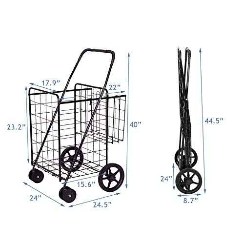 BETTARY Jumbo Folding Shopping Cart, Metal Grocery Cart on Wheels with Double Basket, Heavy Duty Utility Cart with 360¡Æ Swivel Wheels for Grocery, Laundry, Book, Luggage, Travel, Black