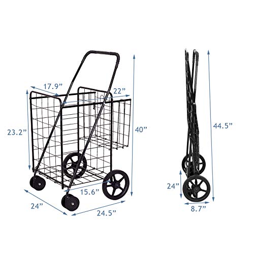 Hysache Folding Shopping Cart with Swiveling Front Wheels, Rolling Trolley with Plastic Handrail, Heavy Duty & Light Weight, Versatile Use, Space-Saving, Ideal for Shopping and Carrying (Black)