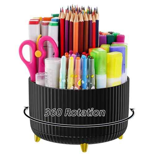 Marbrasse Desk Organizer, 360-Degree Rotating Pen Holder, Desk Organizers and Accessories with 5 Compartments Pencil Holder, Art Supply Storage Box Caddy for Office, Home (Black)