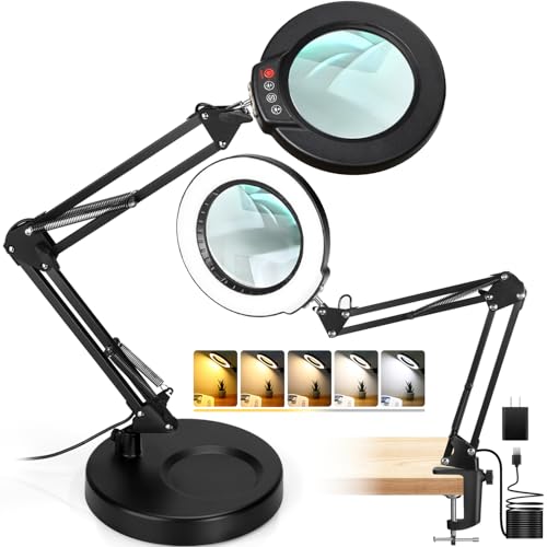 Seylae 12X Magnifying Lamp with Light & Clamp - Black, 17.8-inch Base