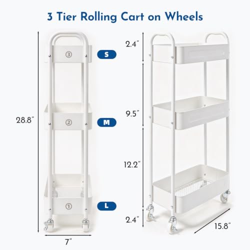 LIWNYRK 3-Tier Narrow Rolling Storage Cart White – 7.1'' Slim Utility Cart with Lockable Casters for Laundry, Between Washer & Dryer