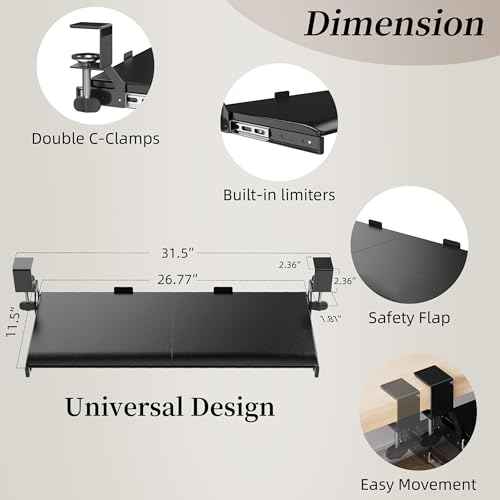 Keyboard Tray, 25 in. Pine Plastic, Keyboard tray Under Desk with Wrist Rest, Mouse Pad, Cup Mat, Lightweight Slide Out Tray, Easy Assemble Adjustable C clamp