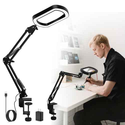 Magnifying Glass with Light Square Magnifier Desk Lamp 10X Close Up Work for Desktop Bench Crafting, Reading, Sewing, Ultra Stable Swing Arm, 5 Color Modes Design Rectangle Head