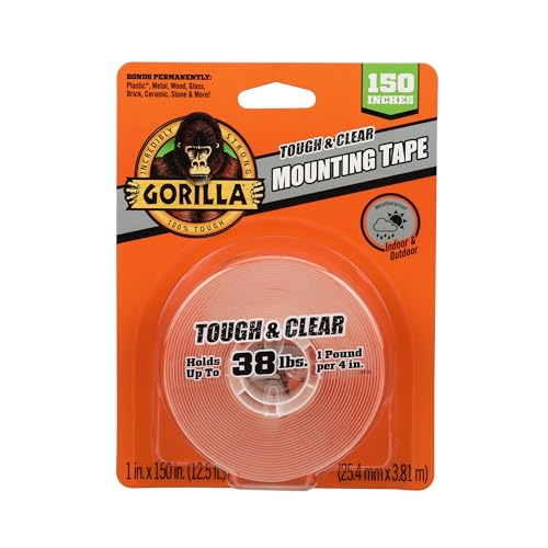 Gorilla Invisible Mounting Tape - Clear Double-Sided Adhesive, Holds 15 lbs, Indoor/Outdoor, 1" x 150"