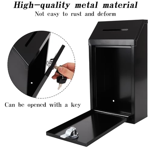 Black Metal Donation Box with Lock and Key Drop Slot for Home Office