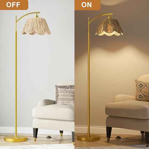 Oneach Arc Floor Lamp for Living Room,Rattan Boho Floor Lamp with Hand-Woven Shade, Foot Switch,Gold Metal Base & Pole,Farmhouse Standing Lamp for Bedroom Corner,Reading