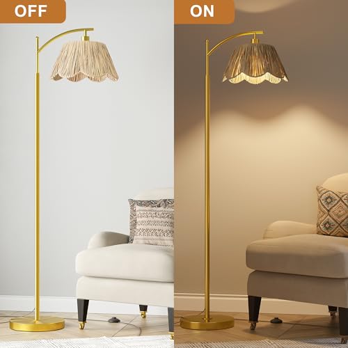 Oneach Brushed Gold Arc Floor Lamp with Rattan Shade, Foot Switch, Farmhouse Style for Living Room & Bedroom