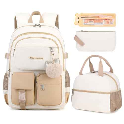 3PCS School Backpack For Student Women College Middle High Teen Girls Bookbag Waterproof Laptop Bag Beige Khaki