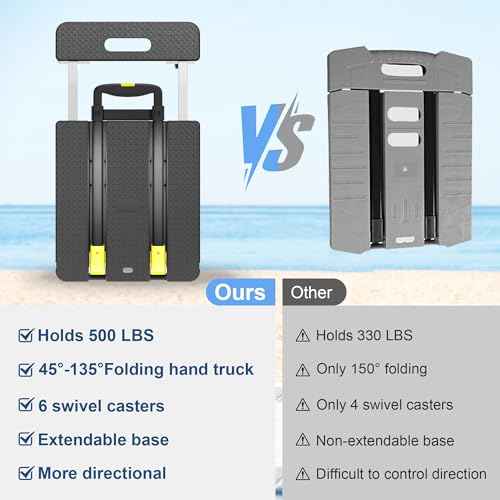 Folding Hand Truck, 500 LBS Heavy Duty Foldable Dolly Cart with Wheels, Telescoping Handle & 2 Elastic Ropes, Portable Luggage Cart for Moving, Travel, Home, Black Yellow