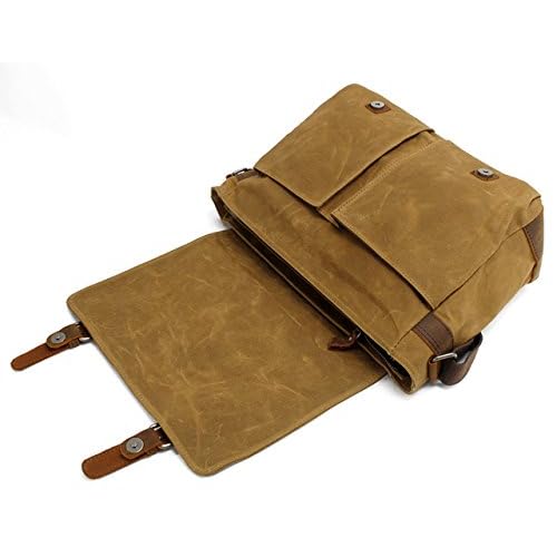 HuaChen Mens Messenger Bag, Vintage Genuine Leather Waxed Canvas Shoulder Bag for 14" Laptop,Rugged Briefcase Satchel