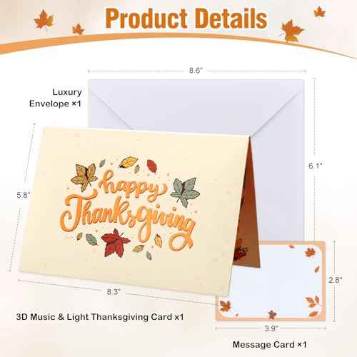 D4DREAM Musical Thanksgiving Card with Light - 3D Fall Pop Up Thanksgiving Cards and Envelopes for Adults Kids Boyfriend Girlfriend Autumn Party Decor