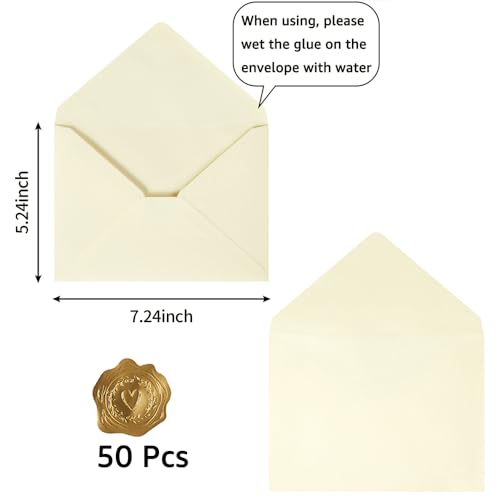 50 Pack Cream Color A7 Invitation Envelopes 5x7 with Stickers for Weddings