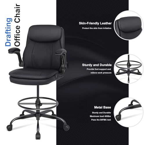 Misolant Black Drafting Chair for Standing Desk - Tall Leather Office Chair with Adjustable Height & Flip-up Armrest