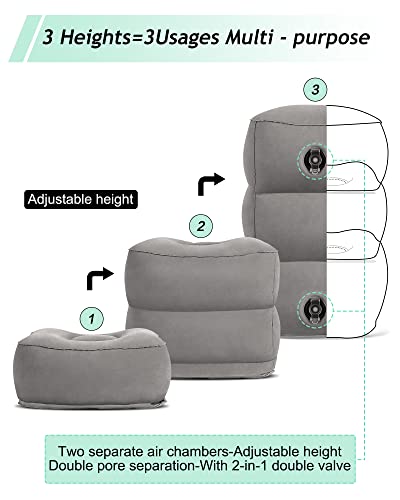 Pack of 1 Grey Inflatable Foot Rest Pillow for Travel, 3-Height Adjustable Kids & Adults