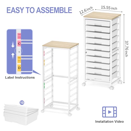 SYKIARIOL Rolling Cart with 10 Drawers - White, Metal Wood Plastic, Lockable Wheels