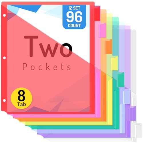 Forvencer 96 Count Dividers with Two Pockets, 8 tabs Binder Dividers for 3 Ring Binder Organizer, Multicolor, 12 Sets