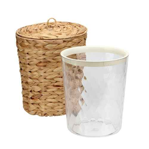 Wicker Waste Basket with Lid and Liner, Handwoven Water Hyacinth Wicker Trash Can, Large Waste Paper Bucket Paper Scrap Bucket WasteBaskets for Bathroom, Bedroom, Kitchen, Office Garbage Can