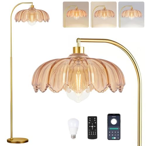 Gold Floor Lamp for Living Room,Bedroom,Mid Century Modern Standing Lamp with Remote,Dimmable Brass Tall Lamp Amber Glass Lamp Vintage Retro Arc Floor Lamps Flower Floor Light Boho Bohemian