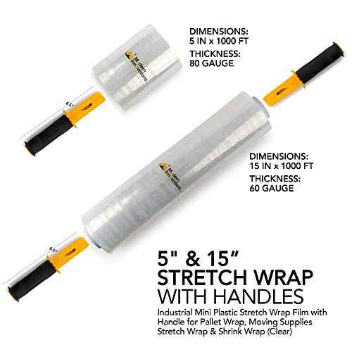 Modern Innovations Clear Stretch Wrap Roll Bundle - (2) 15" Rolls, (2) 5" Rolls, (2) Handles,(4000 Feet) Shrink Wrap for Moving, Packing Supplies for Wrapping Furniture, Plastic Pallet Cling