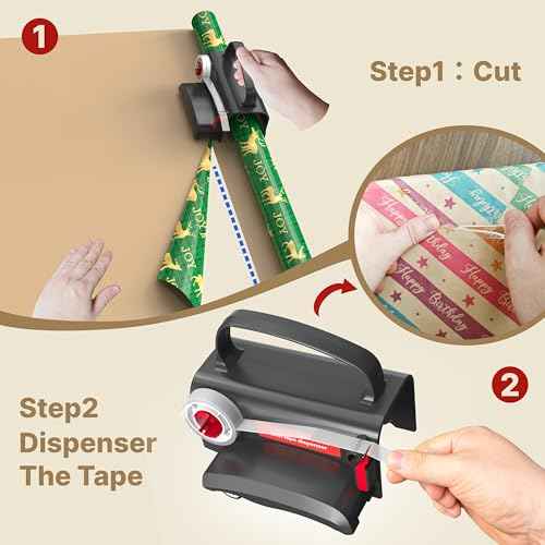 (2-Pack) Wheel Wrapping Paper Cutter & Tape Dispenser with 4 Tapes£¬2 Replace Blades Kit for Christmas Gift Wrap Cutter Tool Paper Roll Holder Tube Sliding Slicing for Birthday Holiday.