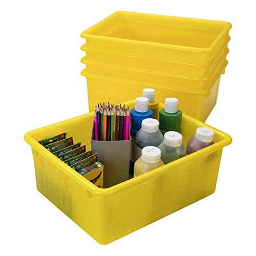 Storex Letter Size Deep Storage Tray ? Organizer Bin with Non-Snap Lid for Classroom, Office and Home, Yellow, 5-Pack (62546U05C)