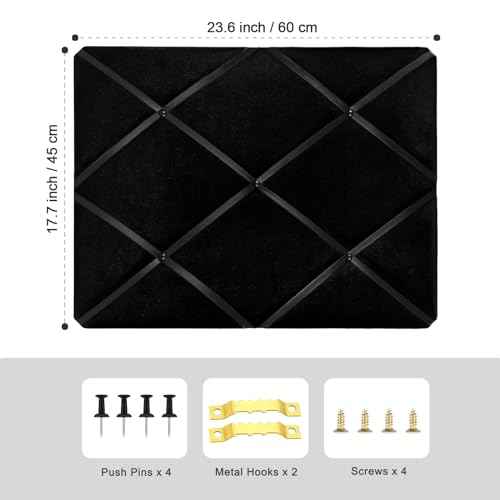 Black Fabric Memo Bulletin Board, 23.6x17.7 inches Velvet Pin Board for Wall, Vision Board Message Board Cork Board with Criss-Cross Ribbons for Home Office School Wall Decor(BK Velvet,4560)