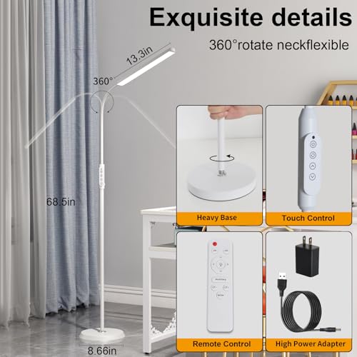 Bright LED Floor Lamps Touch and Remote Dimming for Eyelash Extension Tattoo Manicure Craft Drawing Makeup Living Room Bedroom Office Adjustable Gooseneck Standing Reading Lights esthetician lash lamp
