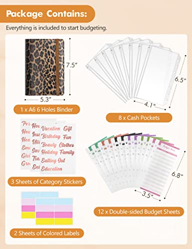 Zreal Brown Leopard A6 Budget Binder with 8 Cash Envelopes & Rose Gold Stickers