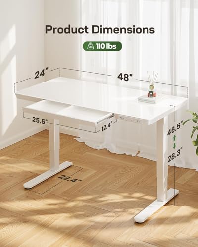 Marsail White Glass Standing Desk 48x24 Inch Electric Sit-Stand Workstation with Drawer & USB Ports