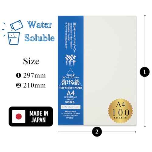 Water Soluble Paper Sheet A4 Size (100 Sheets) Inkjet & Laser Printable for Artwork, Craft, Print, Candle, Made in Japan (47365)