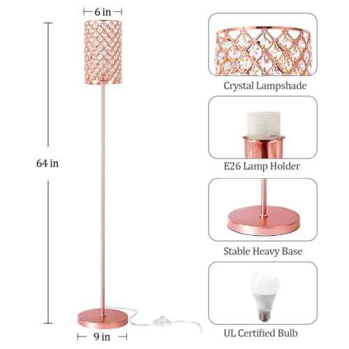 Crystal Floor Lamp with Remote Control, Smart Rose Gold Floor Lamps for Living Room with Bulb Included, Crystal Standing Lamp Rose Gold Home D?cor Floor Lamp for Bedroom