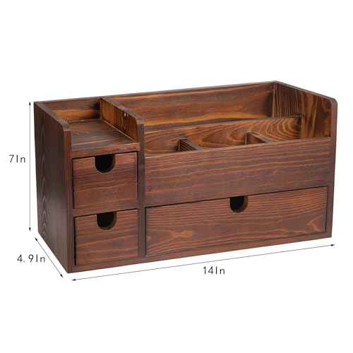 Rustic Brown Wooden Desktop Organizer Drawers Removable Office Supplies Torched Wood Storage Cabinet Caddy Box Stationery Pencil Slots Mail Holder Notes Accessories Home Makeup Tools Cosmetics