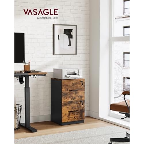VASAGLE 2 Drawers File Cabinet with Lock, Printer Stand, Office Filing Cabinet Organizer, for A4 and Letter Size Documents, Rustic Brown and Ink Black UOFC061B01