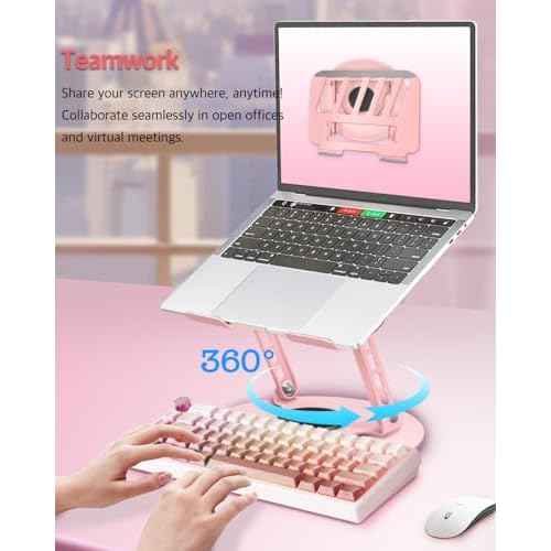 360¡Æ Rotating Adjustable Laptop Stand Perfect for Work, Painting,Office,Travel,Home,Fits MacBook & Laptops up to 13-15",Dual Rotary Shaft,Folding Design-Pink