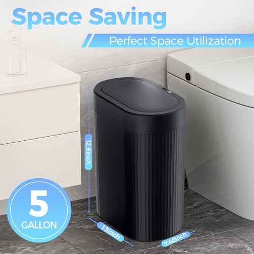 5 Gallon Bathroom Trash Can with Lid, Automatic Motion Sensor Black Trash Can, Touchless Slim Waterproof Garbage Bin for Kitchen, Bedroom, Office, and Bathroom
