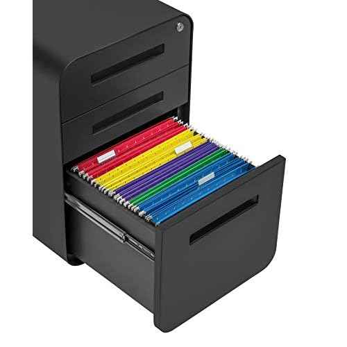 Laura Davidson Furniture Stockpile 3 Drawer File Cabinet with Lock - Under Office Desk Metal Filing Cabinet, Legal/Letter File Folders, Wheels and Stationary Feet, Pre-Assembled, Black