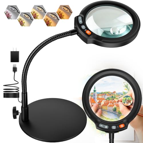 Haotor Black 30X 10X Large Magnifying Glass with Light & Stand, 5-Inch HD Lens, Dimmable LED Desk Lamp