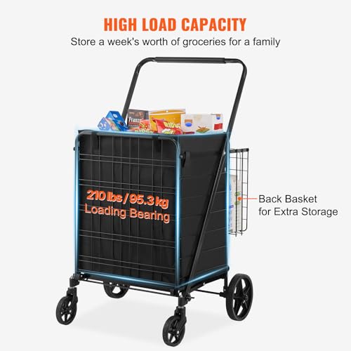 VEVOR Folding Shopping Cart with Removable Waterproof Liner, 210LBS Large Capacity Jumbo Grocery Cart with Dual Basket, 360¡Æ Swivel Wheels, Dense Metal Mesh Base, Heavy Duty Utility Cart for Shopping