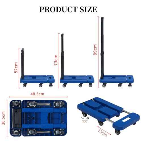 Folding Hand Truck 500lb Heavy Duty - 6 Wheel Luggage Cart with Extendable Base, 3-Height Adjustable Handle & 2 Bungee Cords for Airport, Moving, Warehouse Black