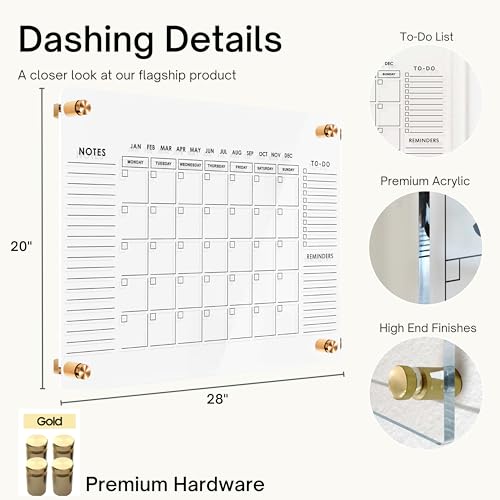 Large Oversize Crystal Clear Acrylic Wall Calendar Dry & Erase Board | 28" X 20" | Monthly Family Calendar Home Office Glass Calander Reusable Big Whiteboard | Free Pens & Eraser