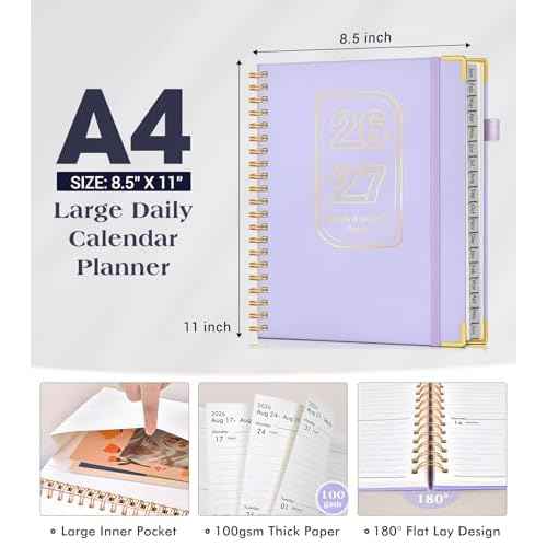 Planner 2026-2027, 18 Months Weekly and Monthly Hardcover Planner, January 2026 - June 2027, 8.5" x 11" A4 Large Daily Calendar Planner Book with Tabs, Spiral Yearly Agenda Organizer Notebook for School Work Home, Purple