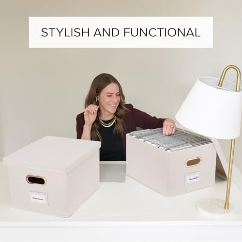 Ivory Linen File Organizer Box Set of 2 - Collapsible, Portable & Stylish Storage