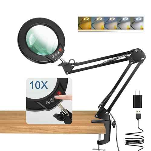 10X Magnifying Glass with Light and Clamp, Real Glass Stand Lighted Magnifier, 5 Color Modes Stepless Dimmable LED Desk Lamp Hands Free for Crafts Hobby Reading Painting Sewing Close Work