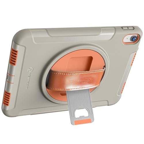 Original Hand Strap Case for iPad 11 (A16) 11-inch (2025) & 10th Gen 10.9-inch (2022) | 360¡Æ Rotating Kickstand, Genuine Leather Hand Strap, Built-in Screen Protector (Orange Grey)